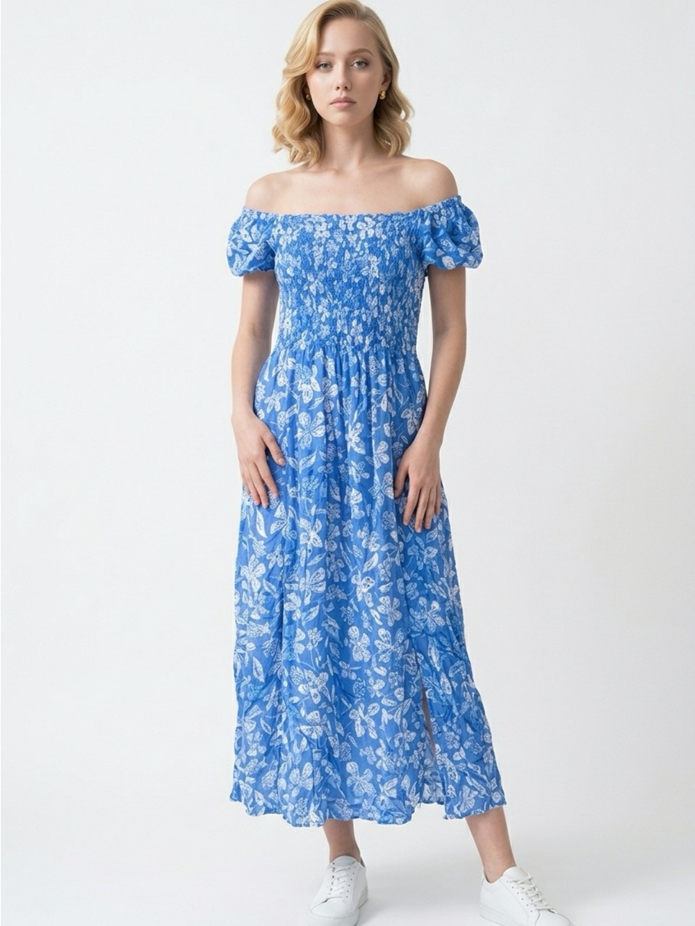 Blue Floral Maxi Dress with Smocked Bodice XL